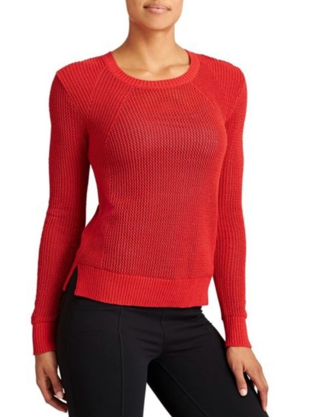 Athleta Womens Mesh Open Knit Sweater Size XL Long Sleeve Pullover Cotton Red